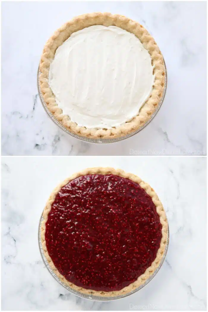 Adding whipped cream cheese filling and raspberry topping to a blind baked pie crust.
