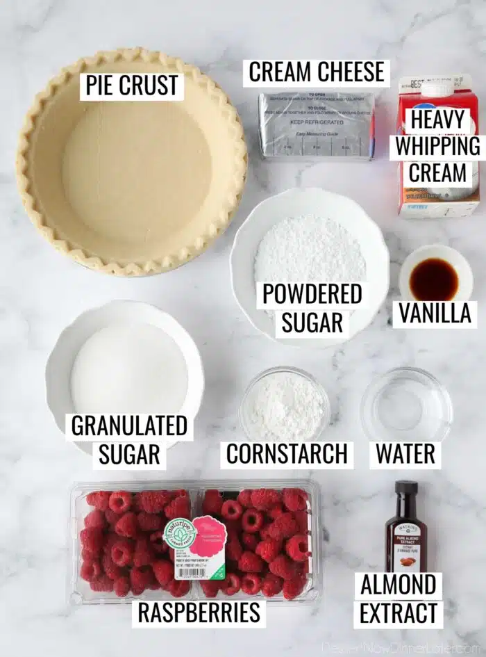 Labeled ingredients needed to make Raspberry Cream Pie.