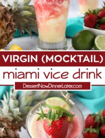 Pinterest collage of Virgin Miami Vice Drink Recipe with two images and text in the center.