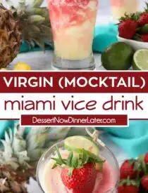 Pinterest collage of Virgin Miami Vice Drink Recipe with two images and text in the center.