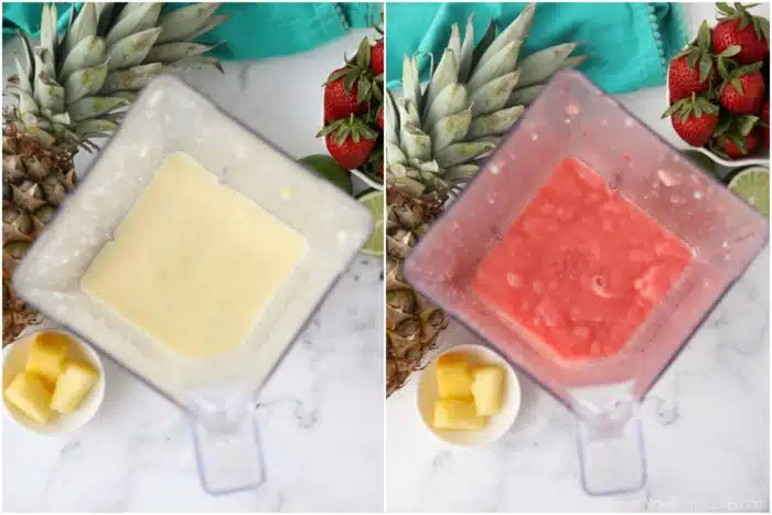 Two images side by side with virgin pina colada and virgin strawberry daiquiri mixtures inside of a blender.