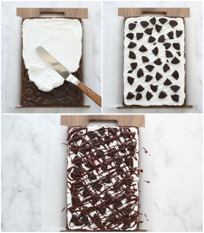 Steps to assemble cookies and cream Oreo brownies.