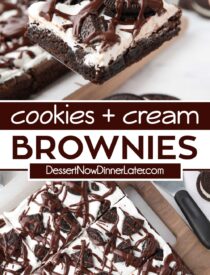 Pinterest collage of Cookies and Cream Brownies with two images and text in the center.