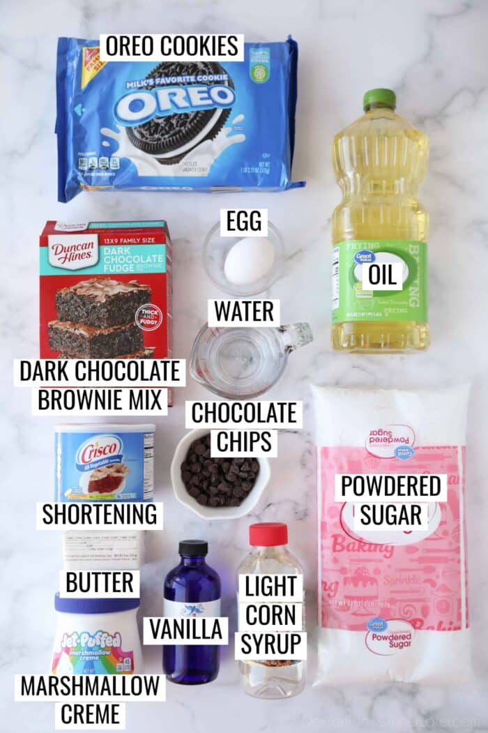 Ingredients to make Oreo cookies and cream brownies.