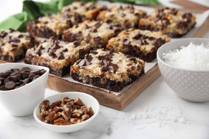 Side view of German Chocolate Bars showing the brownie crust, coconut pecan topping, and chocolate chips.