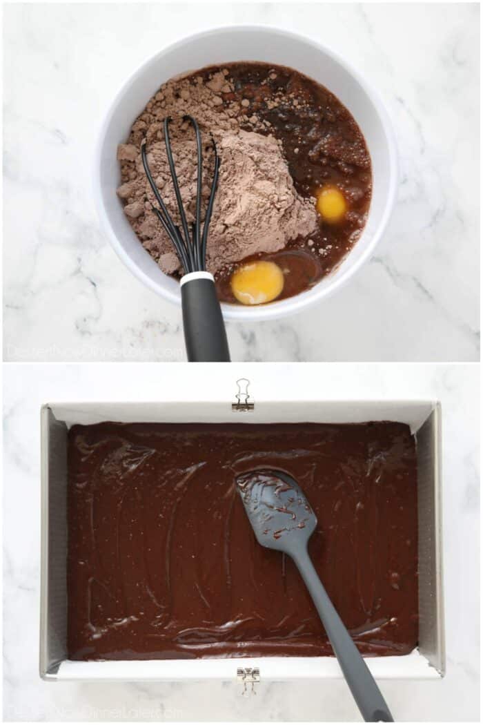 Making brownie batter and spreading it into a 13x9-inch pan.