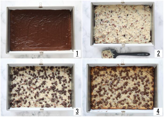Steps to make German Chocolate Bars, with a brownie crust, coconut pecan topping, and chocolate chips, all baked until golden.