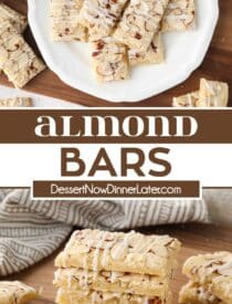 Pinterest collage of Almond Bars with two images and text in the center.