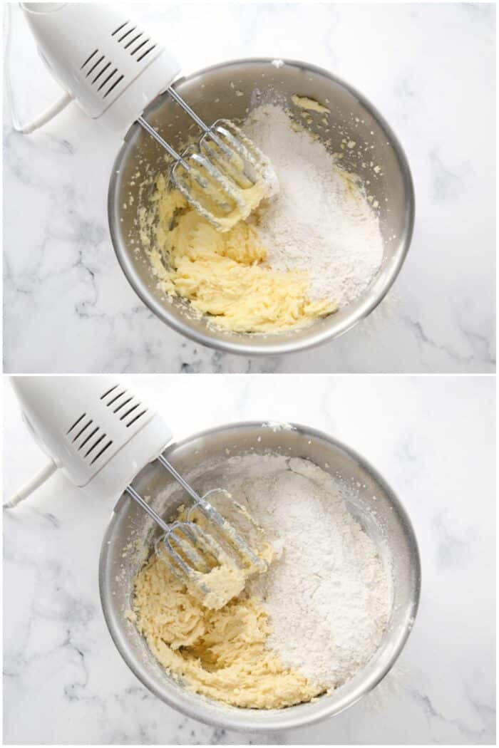 Adding dry ingredients to wet mixture in a bowl with an electric hand mixer.