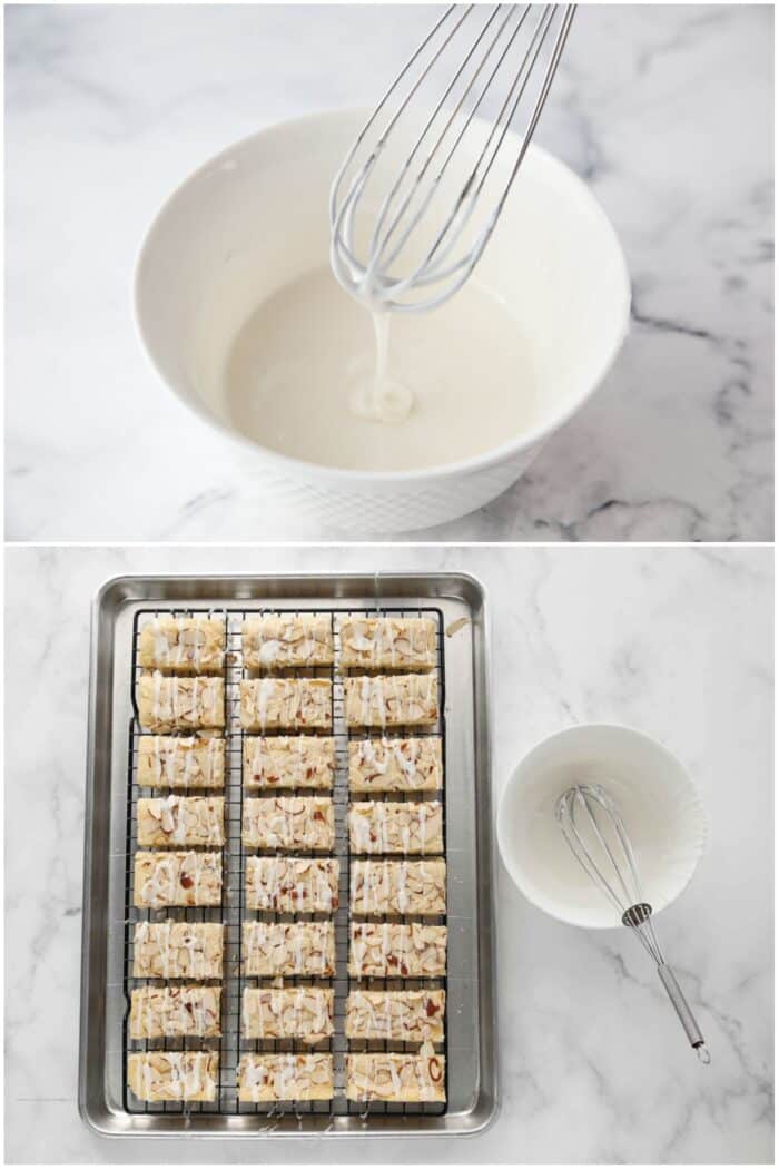Making glaze, then drizzling it over the almond bars.