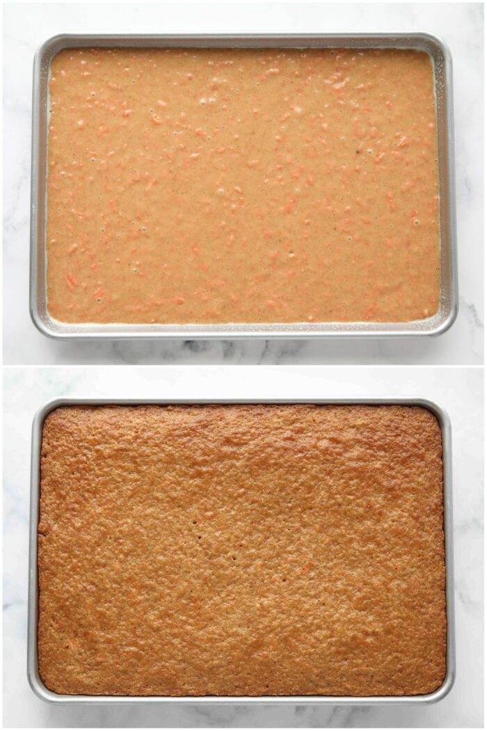 Before and after baking carrot cake in a sheet pan.