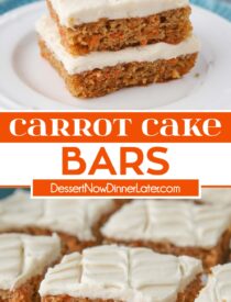 Pinterest collage of Carrot Cake Bars with two images and text in the center.