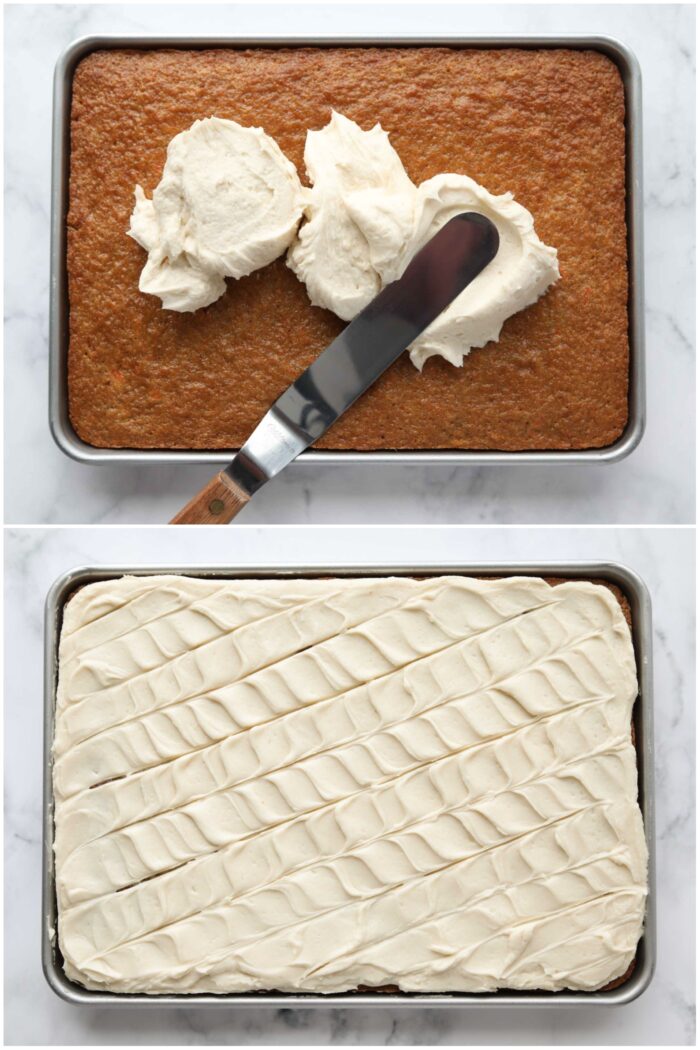 Topping a carrot sheet cake with maple frosting.