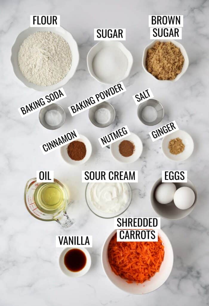 Ingredients needed to make sheet pan carrot cake bars.
