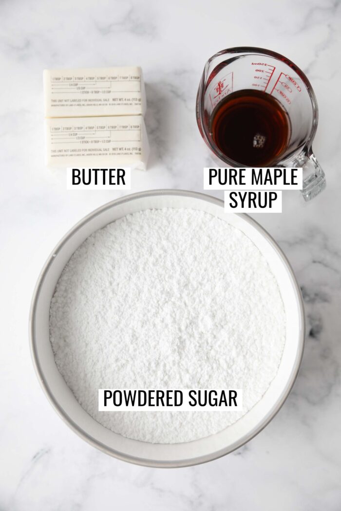 Ingredients needed to make maple frosting.