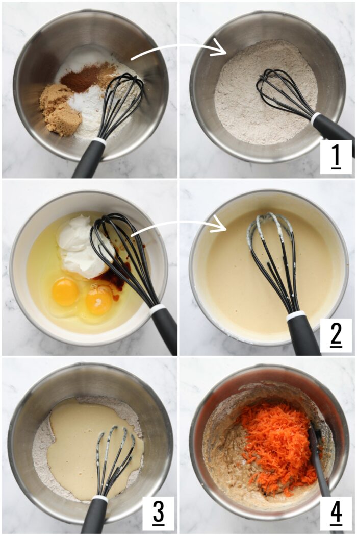Steps to make carrot cake batter for carrot bars.