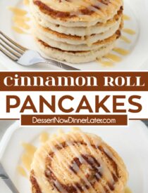 Pinterest collage of Cinnamon Roll Pancakes with two images and text in the center.