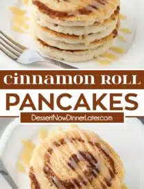 Pinterest collage of Cinnamon Roll Pancakes with two images and text in the center.