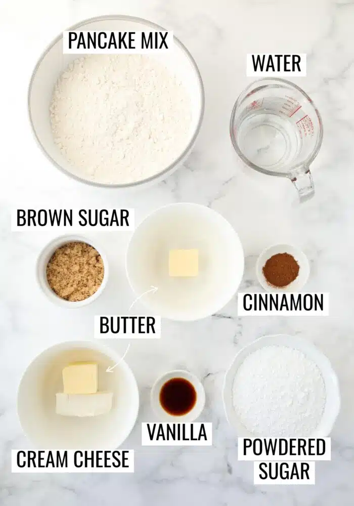 Ingredients needed to make cinnamon roll pancakes with pancake mix.