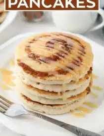 Labeled image of Cinnamon Roll Pancakes for Pinterest.