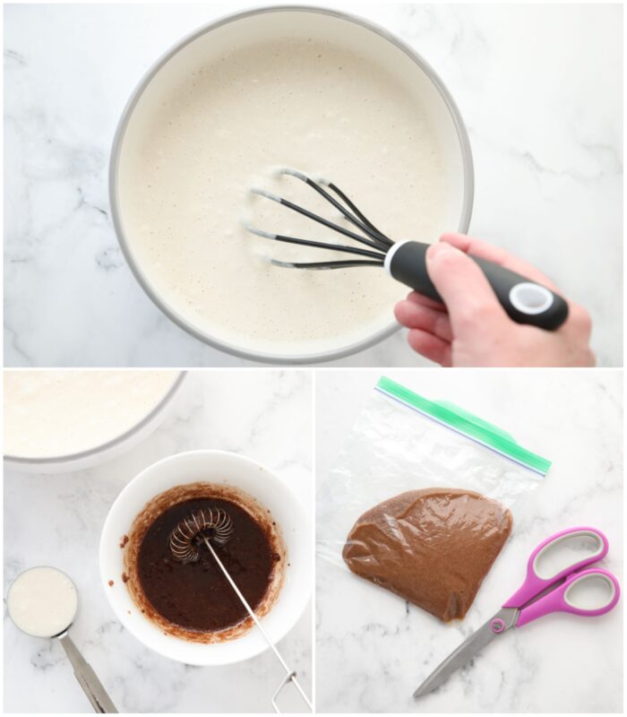 Steps to make cinnamon roll pancakes with pancake mix.