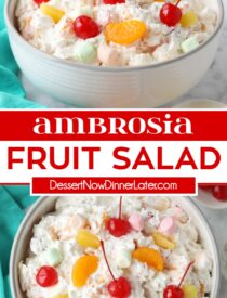 Pinterest collage of Ambrosia Salad with two images and text in the center.