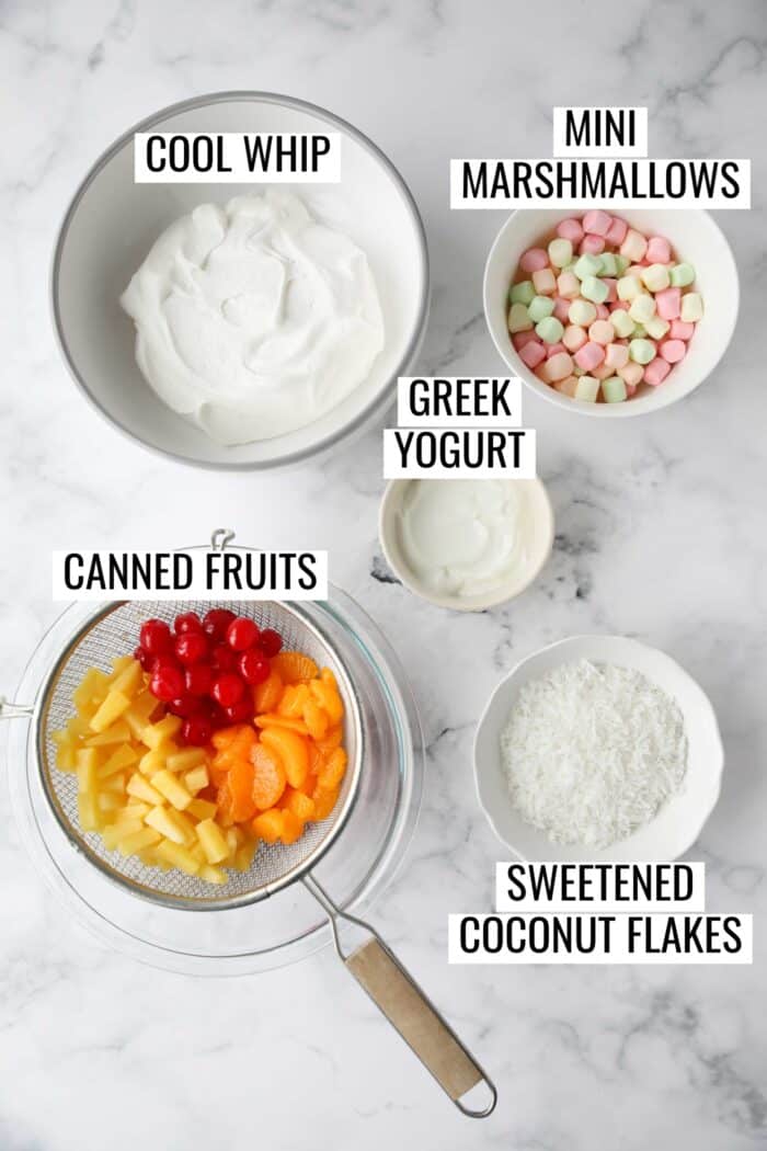 Labeled ingredients needed to make Ambrosia Fruit Salad.