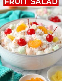 Labeled image of Ambrosia Fruit Salad for Pinterest.
