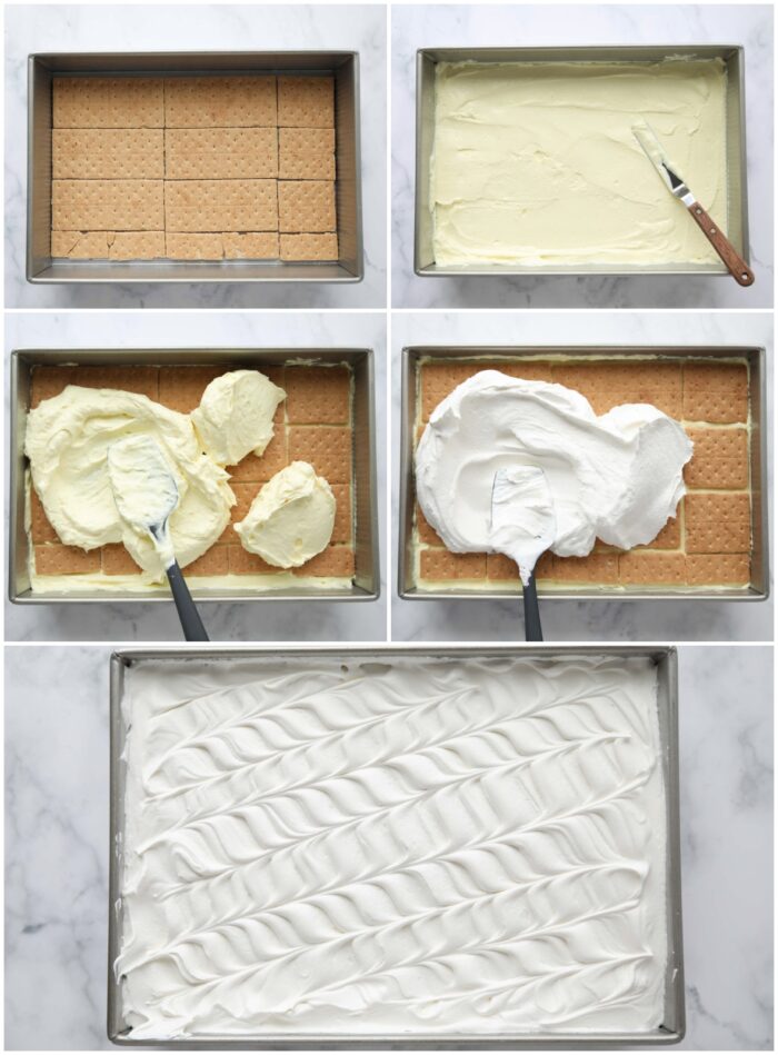 Steps of layering the lemon icebox cake refrigerated dessert in a 9x13-inch pan.