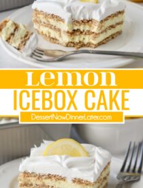 Pinterest collage of Lemon Icebox Cake with two images and text in the center.