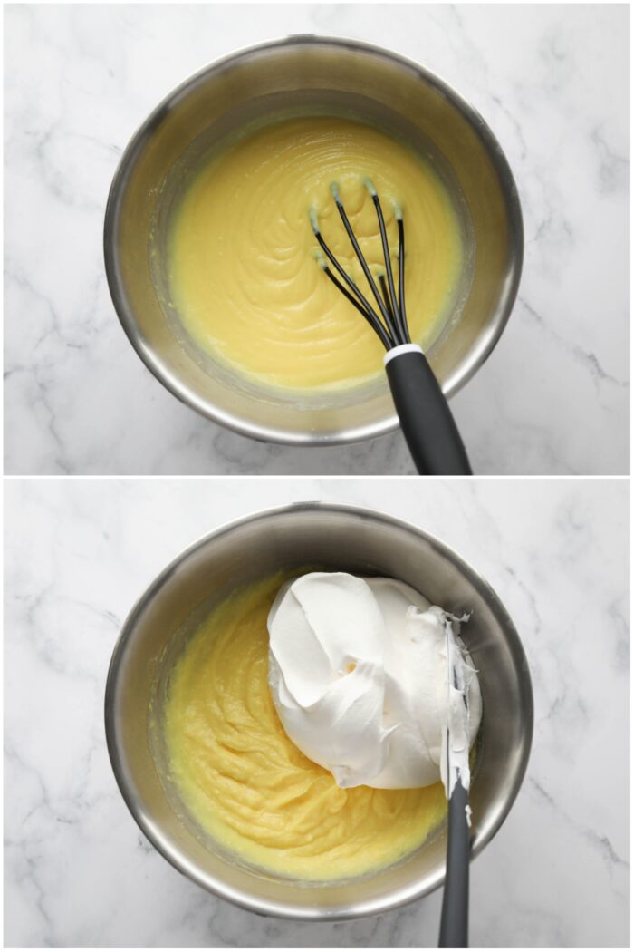 Making instant lemon pudding and adding whipped topping.