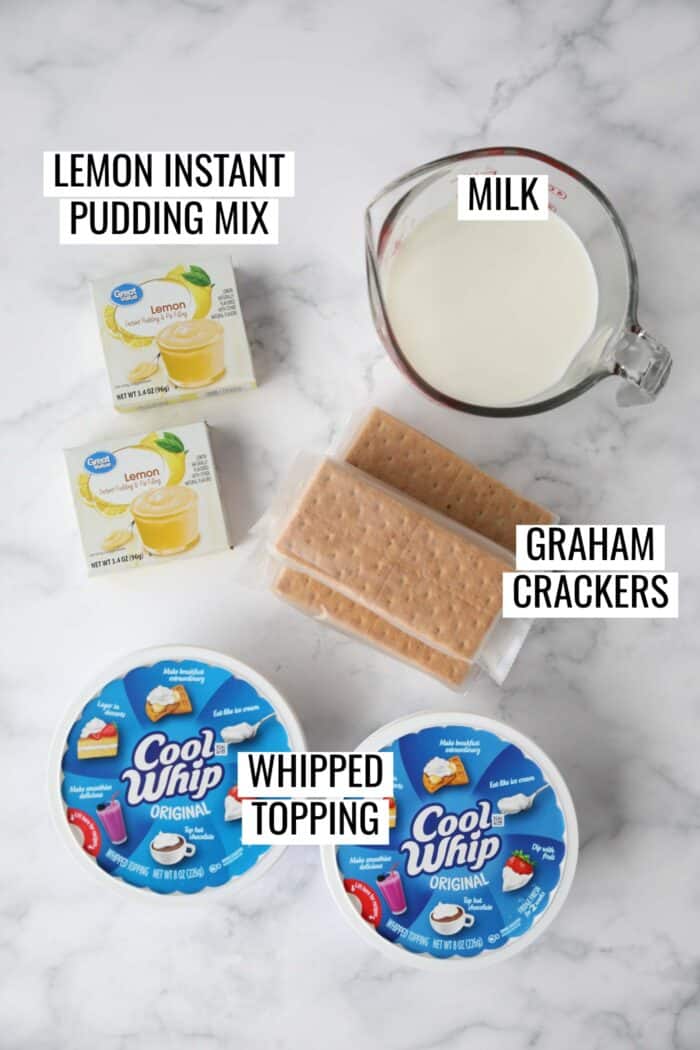 Labeled ingredients needed to make lemon icebox cake.