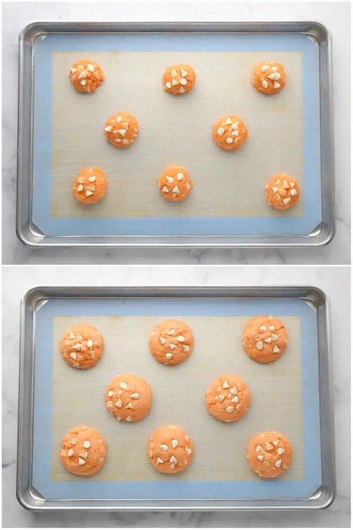Before and after baking orange creamsicle cookies.