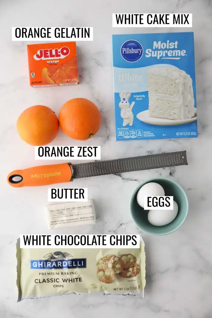 Labeled ingredients needed to make orange creamsicle cookies recipe.