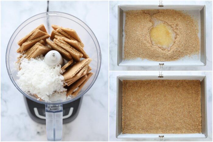 Steps to make a coconut graham cracker crust.