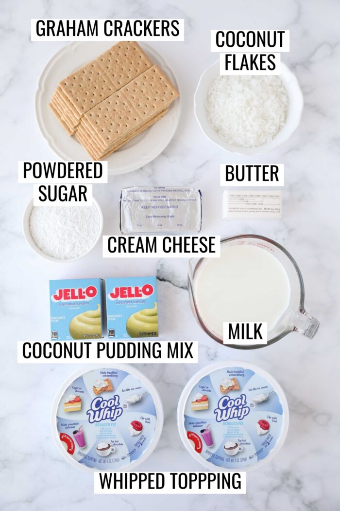 Labeled ingredients needed to make coconut delight.