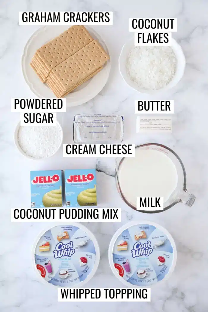 Labeled ingredients needed to make coconut delight.