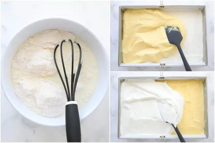 Steps to make instant coconut pudding, and layering it onto the dessert with whipped topping.