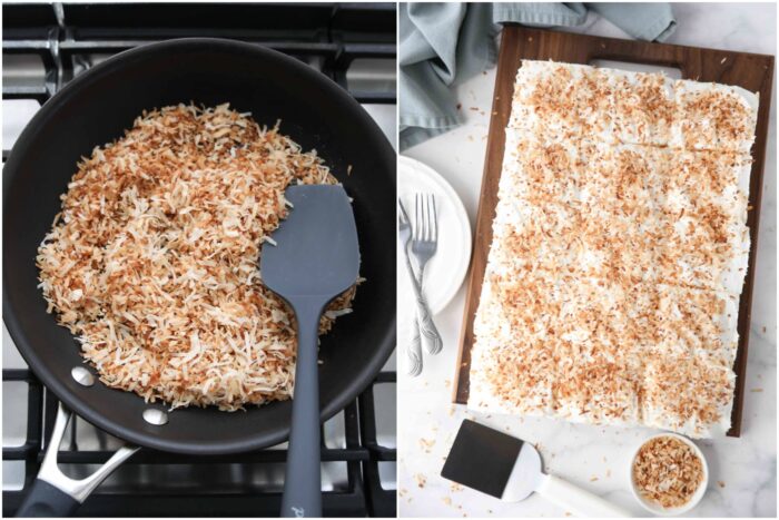 Toasting coconut and topping the coconut delight dessert.