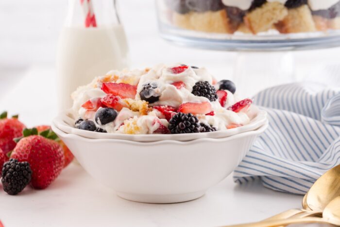 4th of July trifle scooped into a bowl.