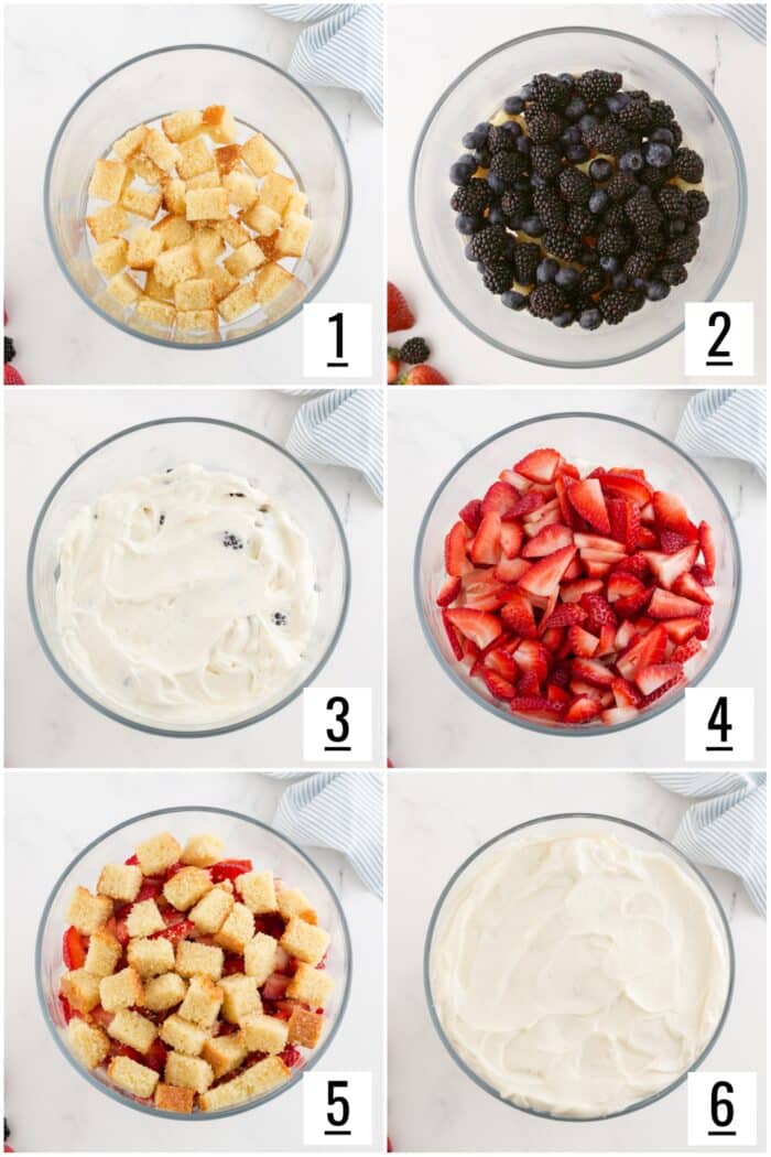 Steps to assemble a red white and blue trifle.