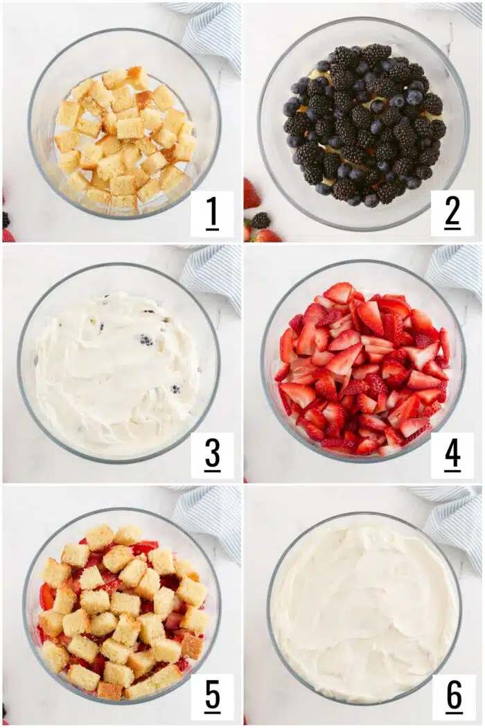 Steps to assemble a red white and blue trifle.