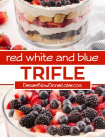 Pinterest collage of Red White and Blue Trifle with two images and text in the center.