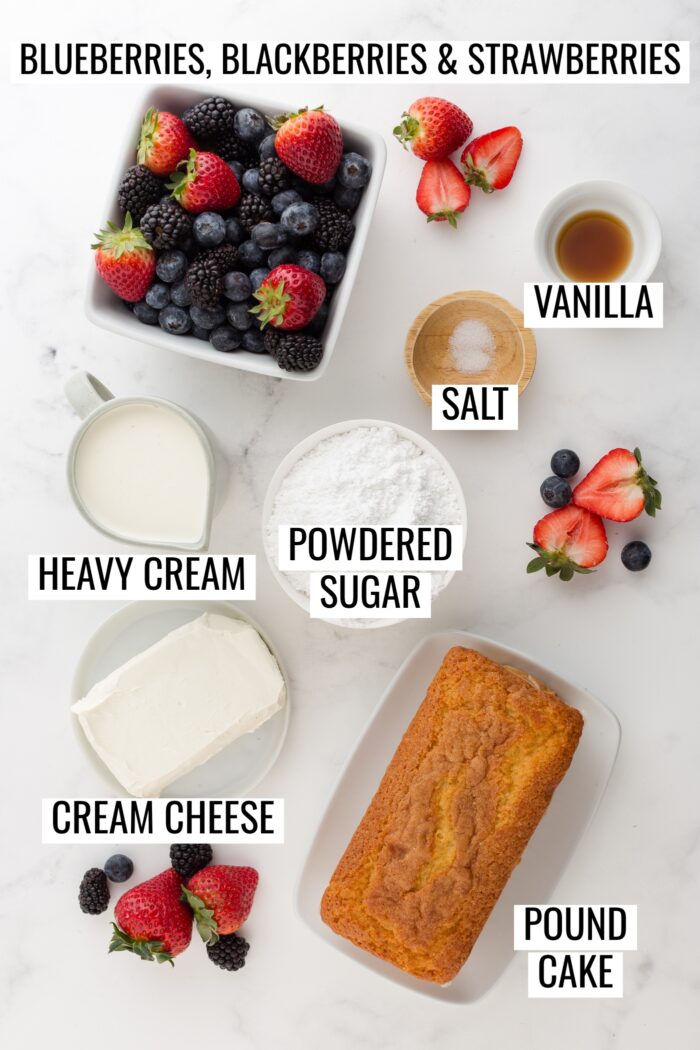 Labeled ingredients needed to make a red white and blue trifle.