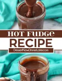 Pinterest collage of Hot Fudge Recipe with two images and text in the center.