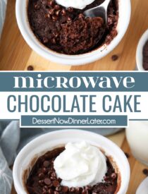 Pinterest collage of Microwave Chocolate Cake with two images and text in the center.