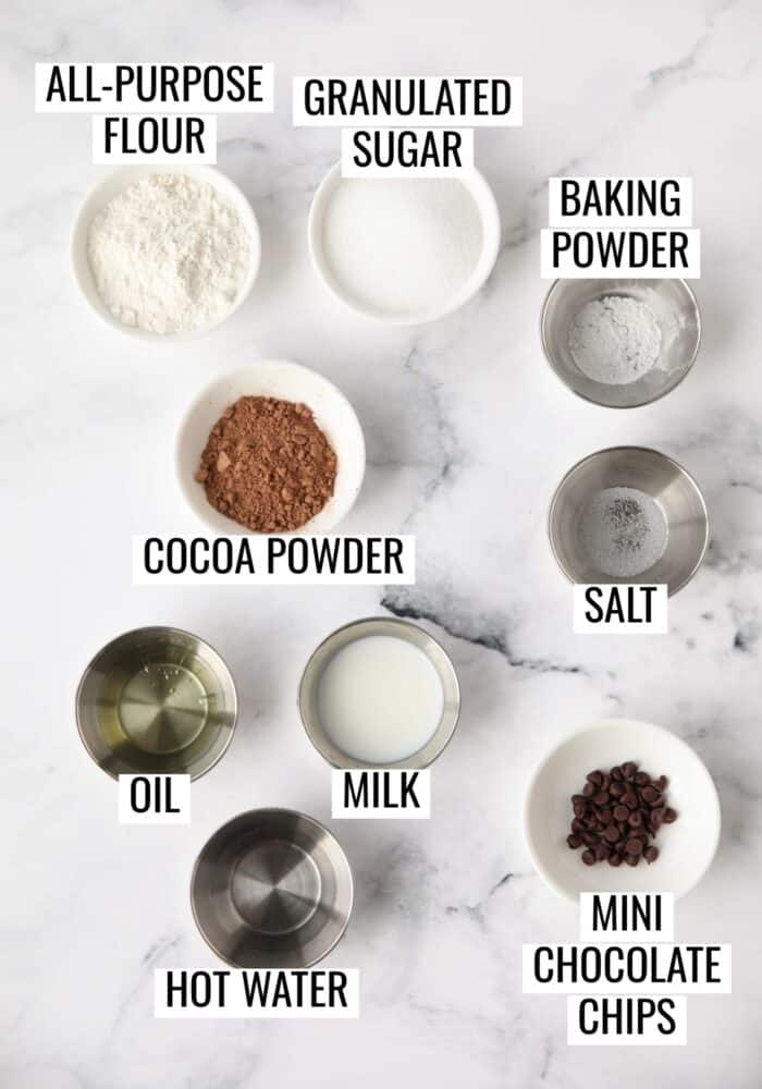 Ingredients to make microwave chocolate cake in a mug or ramekin.