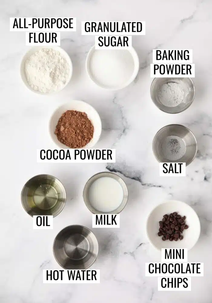 Ingredients to make microwave chocolate cake in a mug or ramekin.
