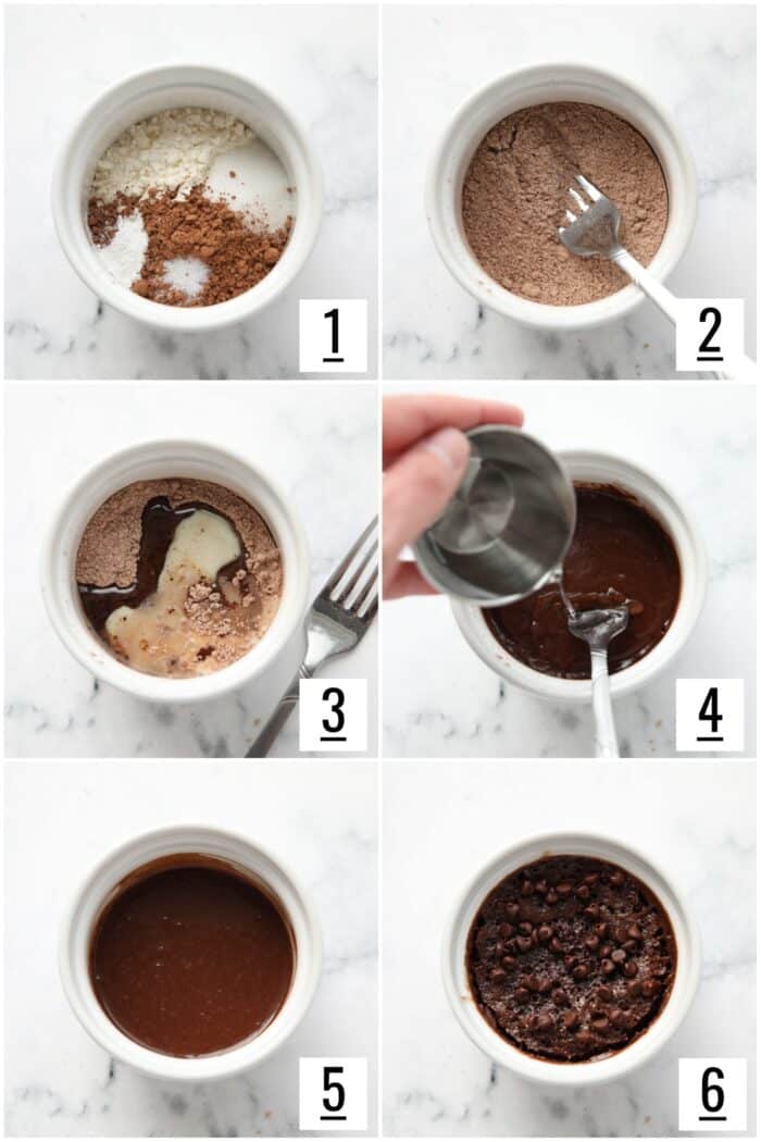 Steps to make microwave chocolate cake for one.