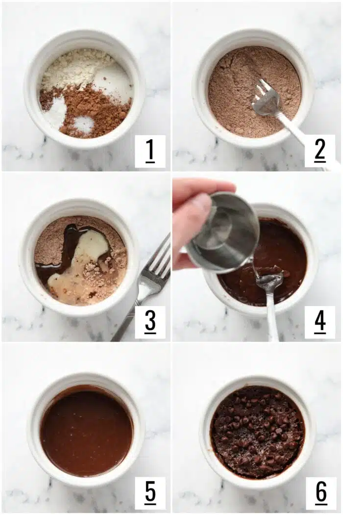Steps to make microwave chocolate cake for one.